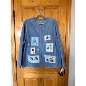 Croft & Barrow Womens 3X Blue Fleece Zip Jacket Snowman Christmas AM8006EH NEW